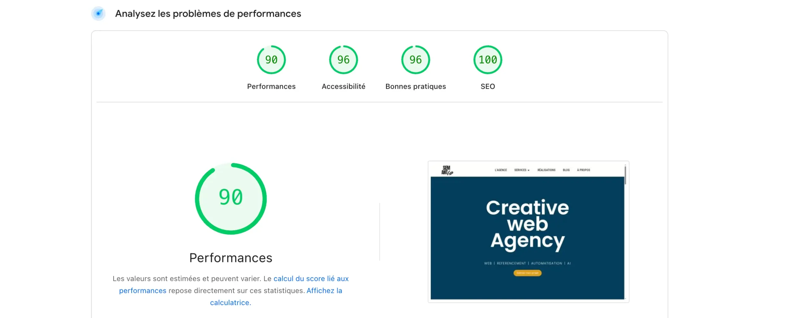 Capture d'écran de PageSpeed Insights montrant les scores Core Web Vitals