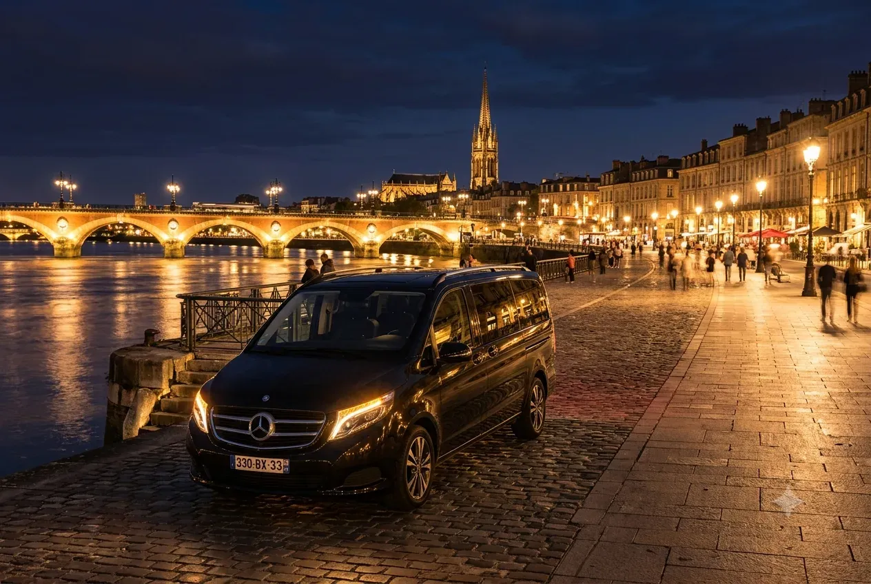 Van Mercedes Classe V de Houci Trans sur les quais de Bordeaux, de nuit