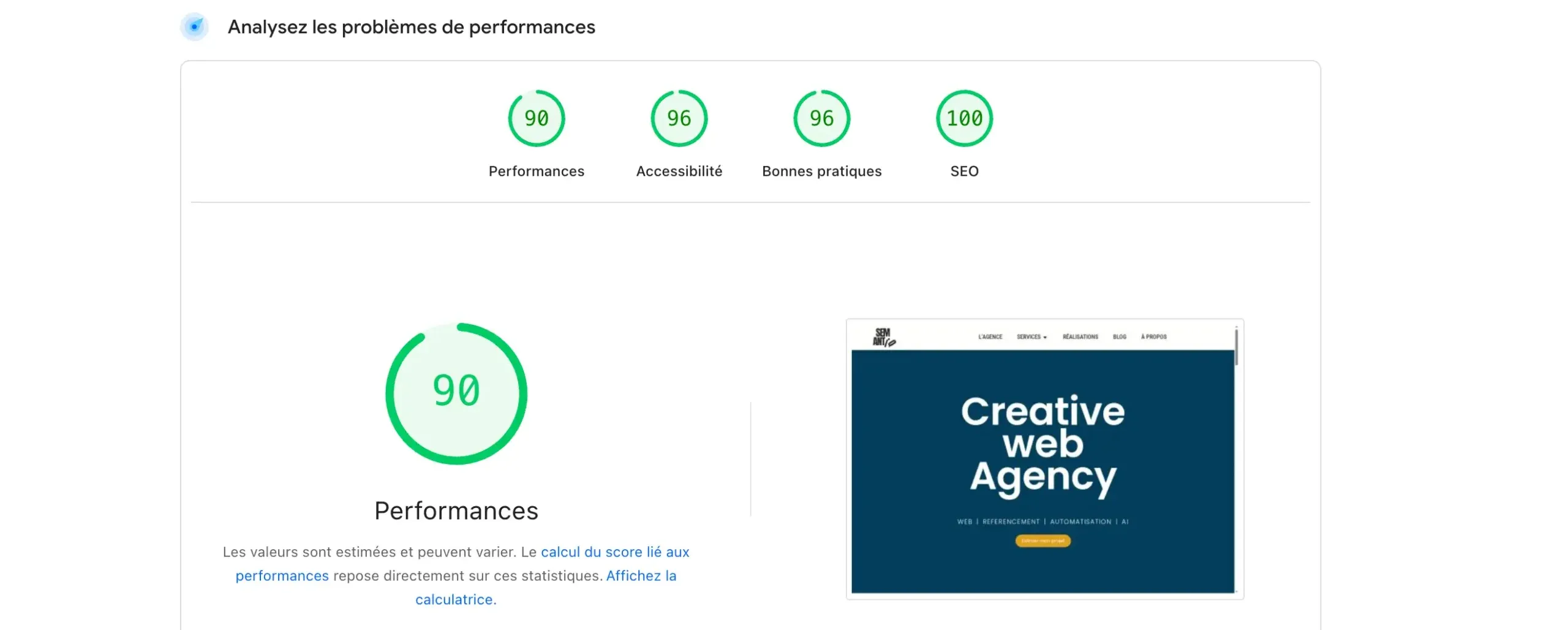 Capture d’écran de PageSpeed Insights montrant les scores Core Web Vitals