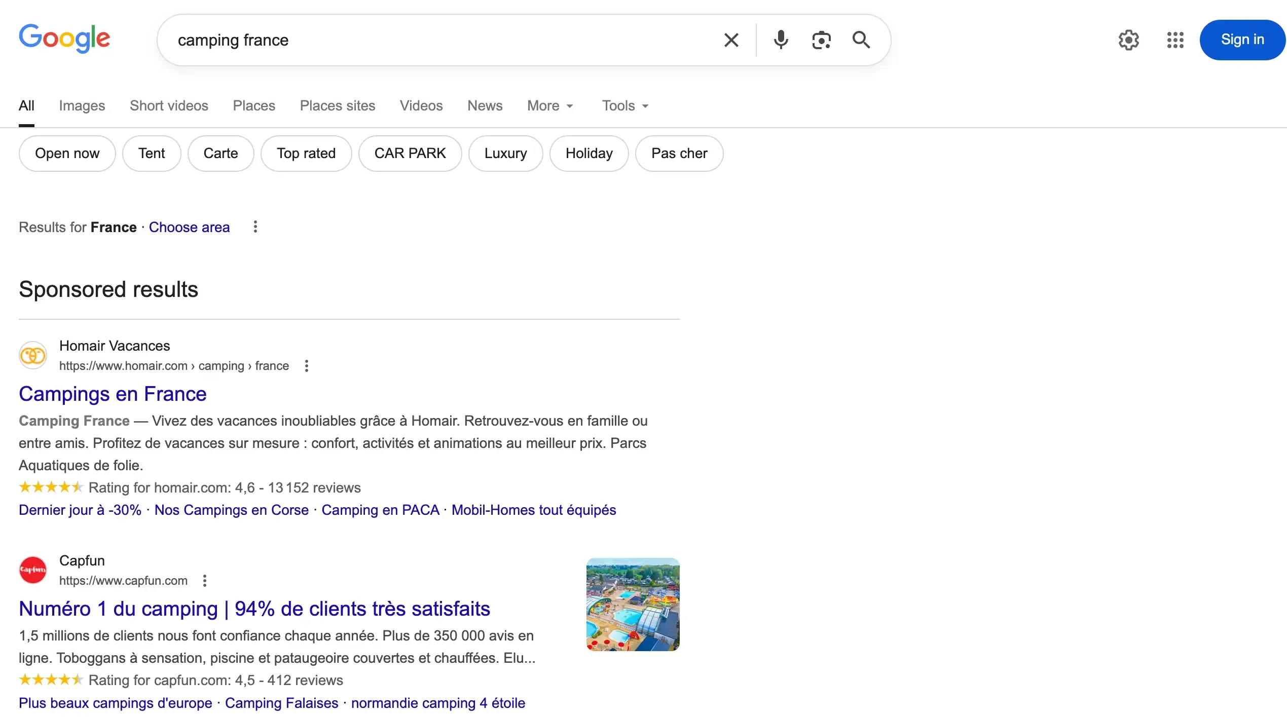 Capture d’écran de Google montrant les résultats de recherche sur le mot clé camping France
